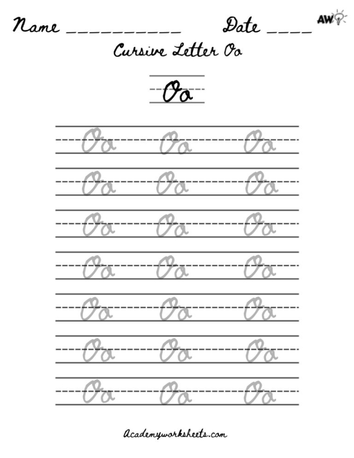 Engaging cursive O practice sheet for third graders with fun illustrations Cursive O worksheet featuring Oliver and his orange objects for practice