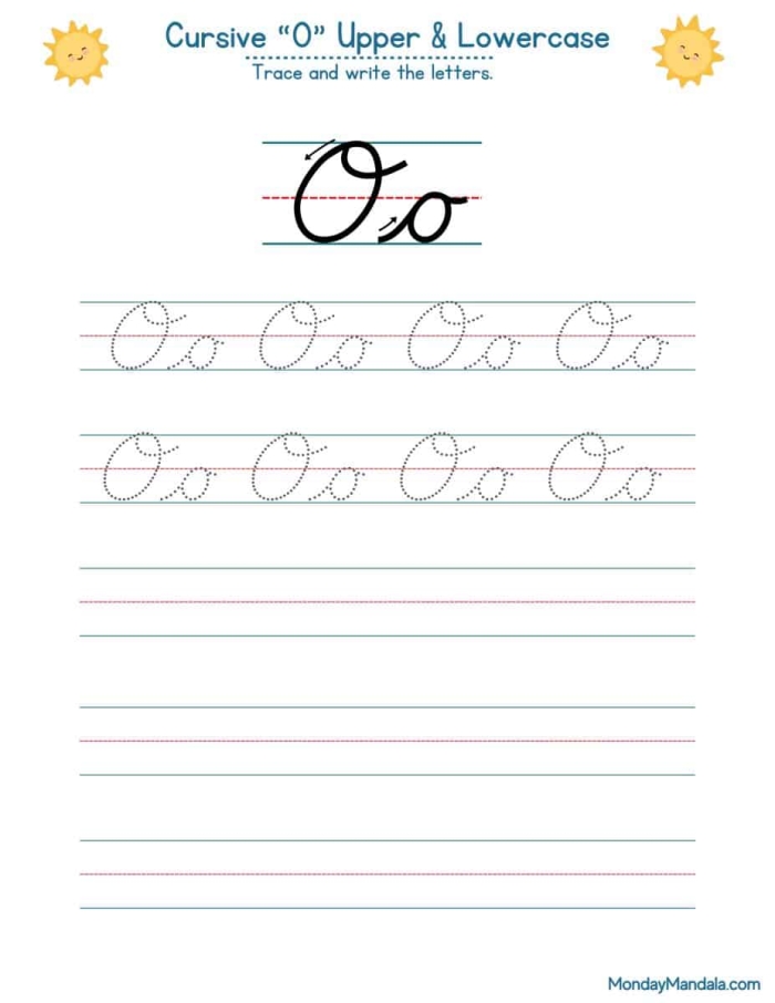 Grammar and Mechanics worksheet for Third Grade Cursive O worksheet featuring Oliver and his orange objects for third graders to practice writing. Engaging cursive O practice with capital and lowercase letters for young learners.
