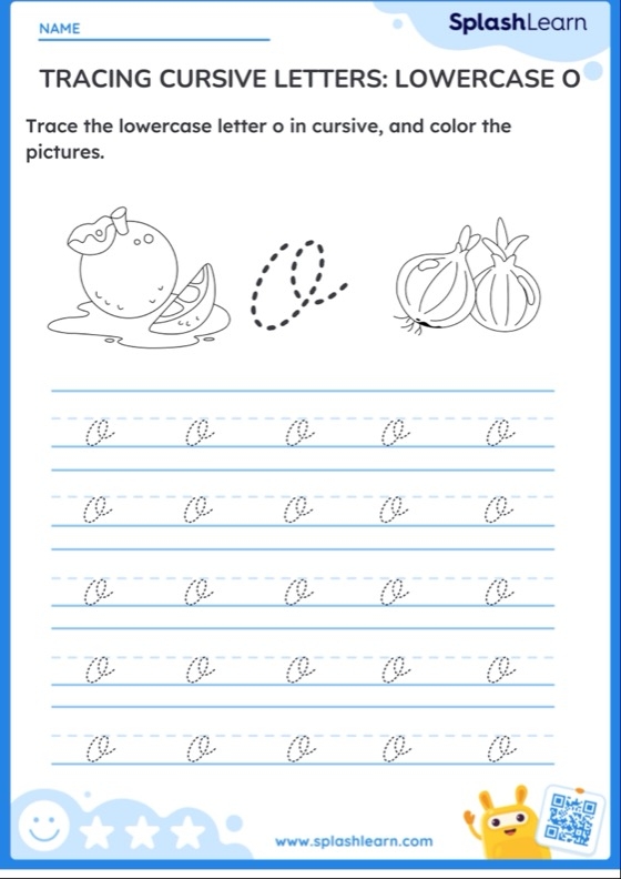 Practice writing capital and lowercase cursive O with this engaging worksheet Cursive O worksheet featuring Oliver and his orange objects for third graders