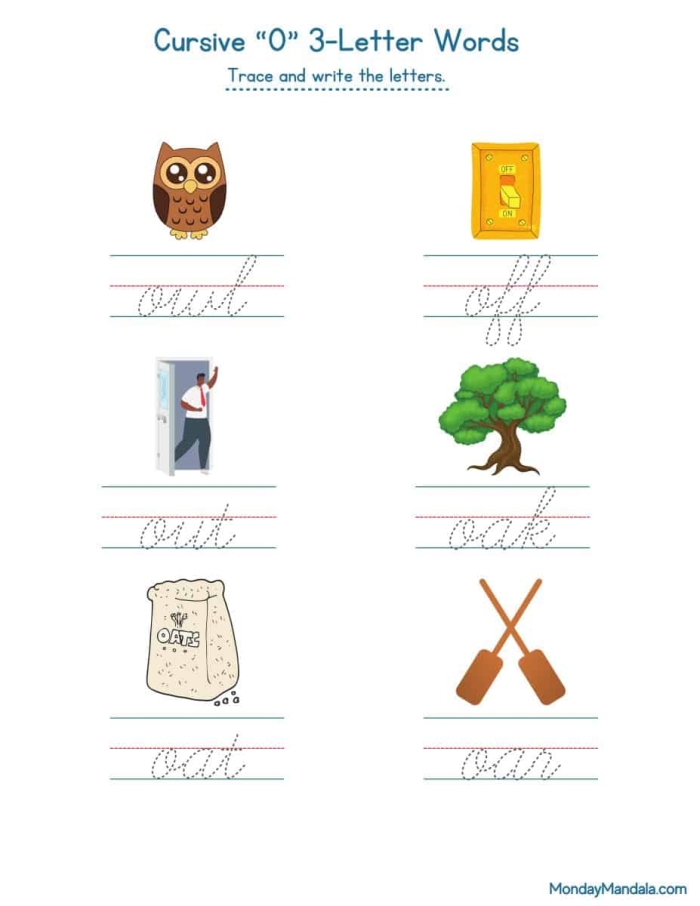Practice writing capital and lowercase cursive O with this engaging worksheet Cursive O worksheet featuring Oliver and his orange objects for third graders