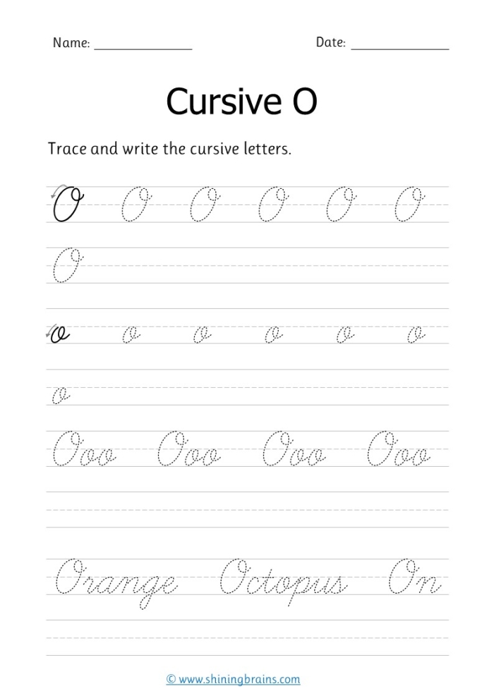 Cursive O practice worksheet for third graders with fun illustrations Cursive O worksheet featuring Oliver and his orange objects for practicing capital and lowercase letters