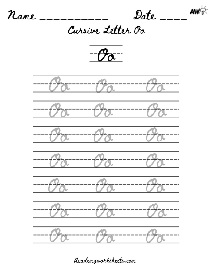 Practice writing cursive O with this engaging worksheet for third graders Cursive O worksheet featuring Oliver and his orange objects for practicing capital and lowercase letters