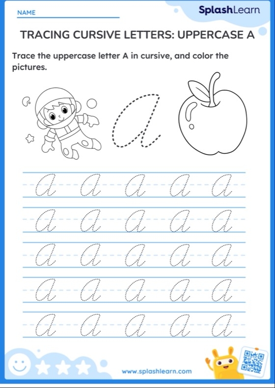 Cursive S worksheet for mixed operations practice in third grade Kids tracing and writing capital and lowercase "S" in cursive on a third-grade worksheet