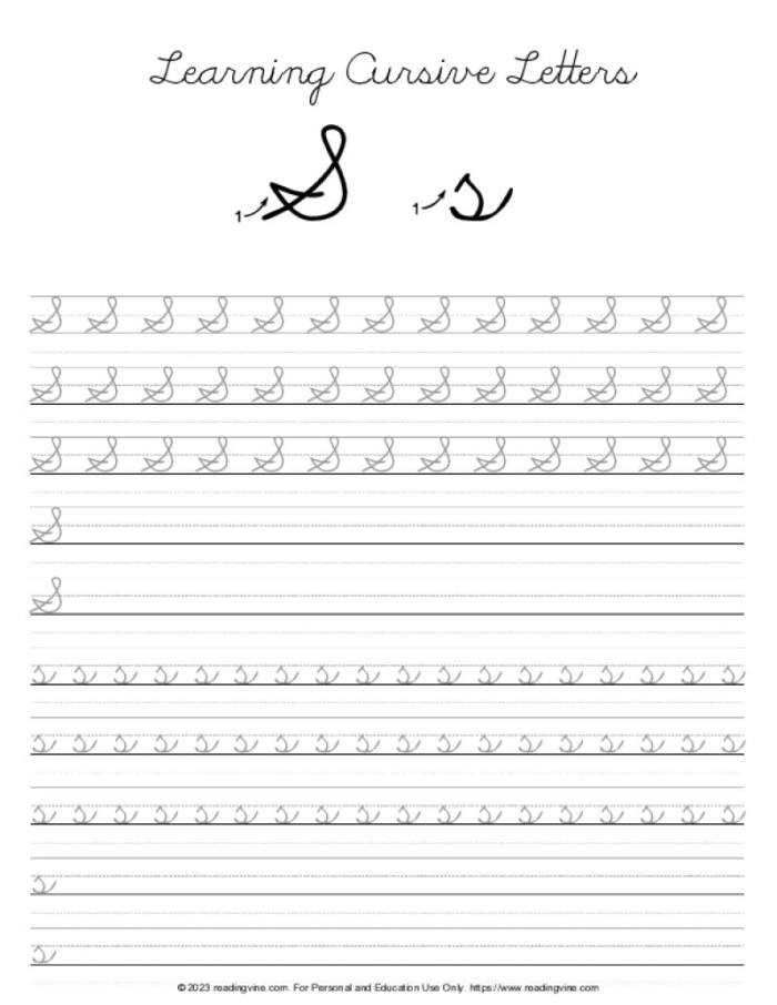Third grade writing activity focusing on cursive letter S tracing and writing skills Cursive S worksheet for third graders to practice writing capital and lowercase letters