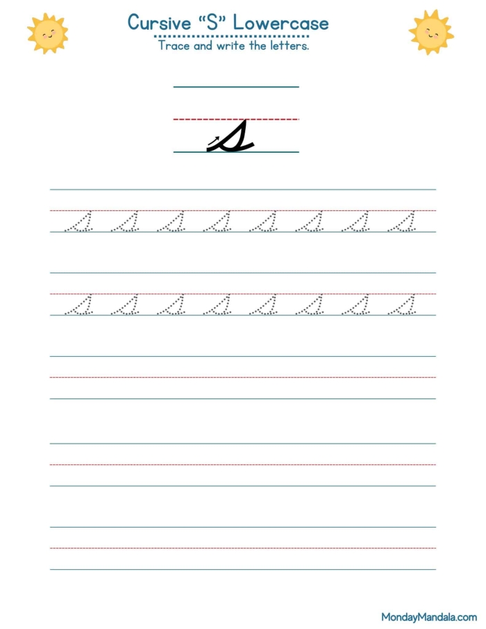 Cursive S worksheet for third graders focusing on mixed operations Kids practicing cursive writing of capital and lowercase "S" on a worksheet