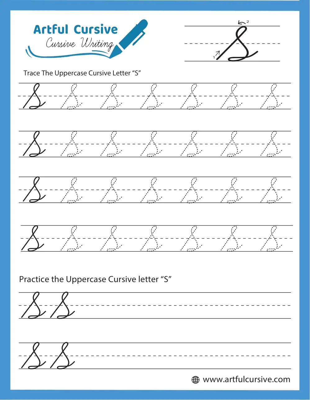 Third grade cursive writing exercise focusing on the letter "S" in both uppercase and lowercase forms Cursive S worksheet for third graders featuring tracing and writing practice for capital and lowercase "S