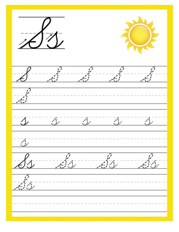 Third grade cursive writing practice sheet featuring capital and lowercase S letters Cursive S worksheet for third graders to practice tracing and writing letters S in cursive
