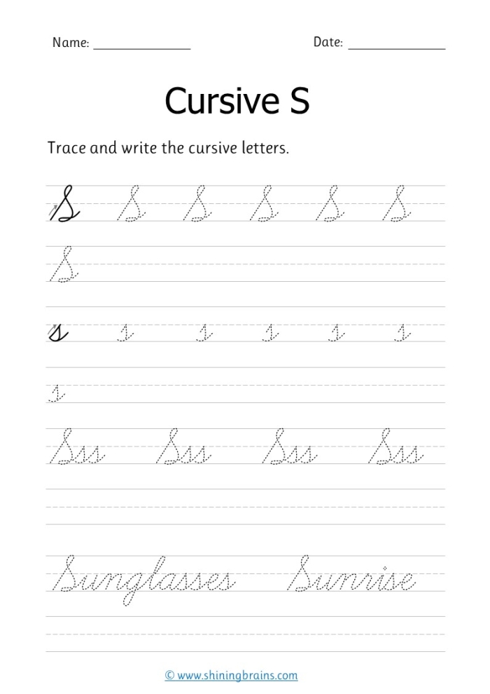 Third grade cursive writing practice worksheet focusing on the letter S Cursive S worksheet for third graders featuring tracing and writing practice for capital and lowercase letters