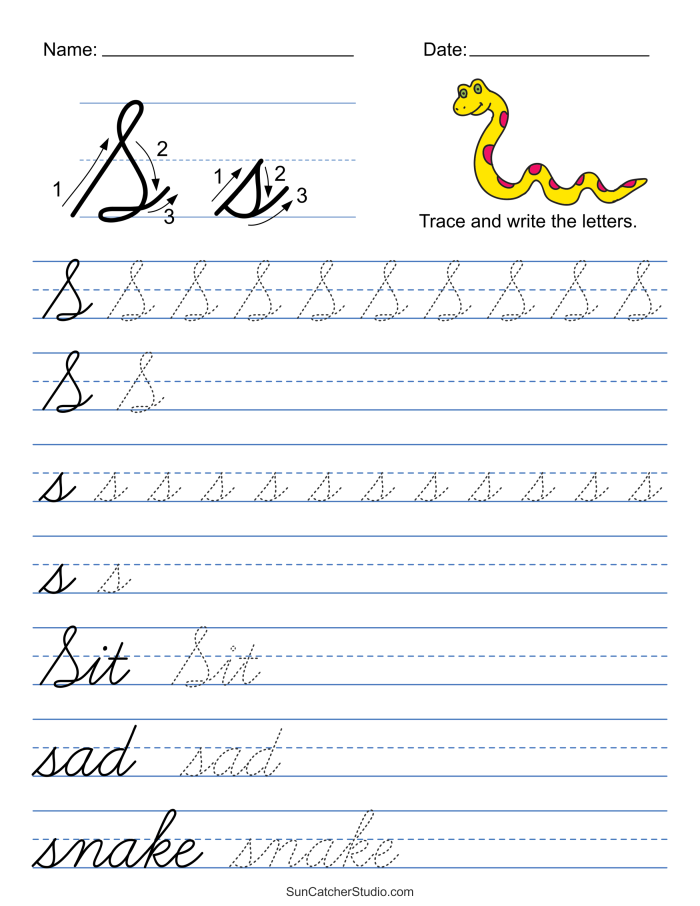 Cursive writing practice sheet focused on the letter S for grade 3 students Cursive S worksheet for third graders featuring tracing and writing practice for capital and lowercase letters
