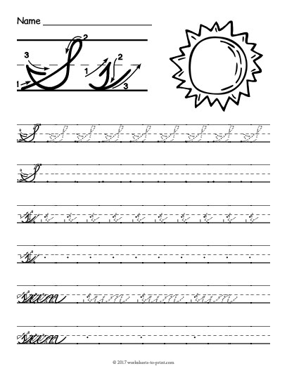 Third grade cursive writing practice focusing on the letter S with tracing exercises Cursive S worksheet for third graders featuring tracing and writing practice for capital and lowercase letters