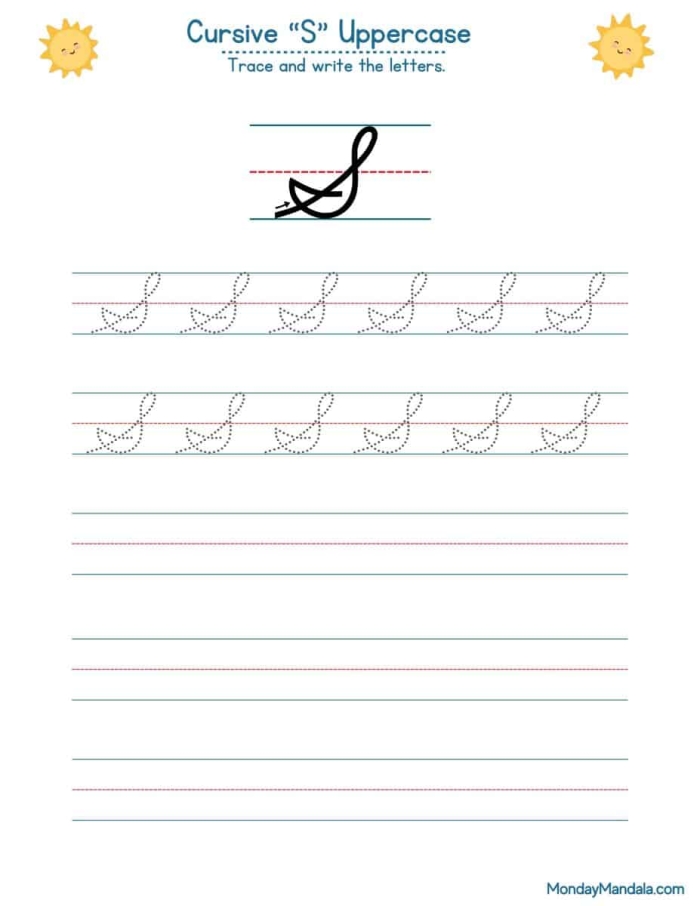 Third grade worksheet for mastering cursive "S" letters through tracing and independent writing Cursive S worksheet for third graders featuring tracing and writing practice for capital and lowercase letters