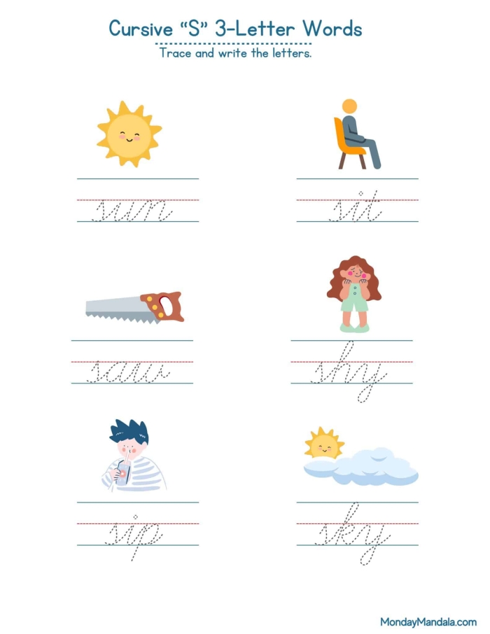 Practice cursive writing with this engaging worksheet focused on the letter S for third grade students Cursive S worksheet for third graders featuring tracing and writing practice for capital and lowercase S letters