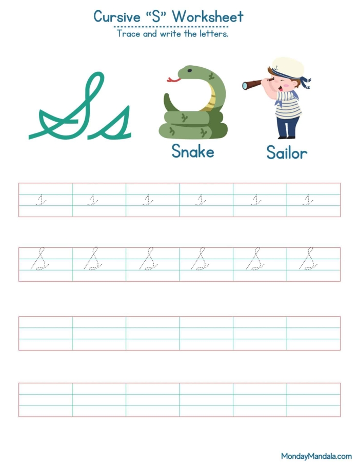 Mixed Operations worksheet for Third Grade Kids practice cursive writing of capital and lowercase "S" on this engaging worksheet. Cursive S worksheet for third graders focusing on letter tracing and writing.