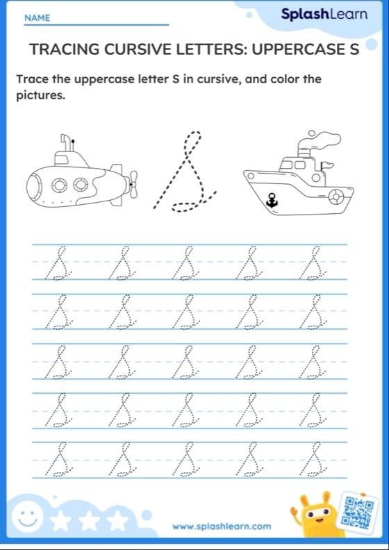 Third grade cursive writing practice worksheet featuring the letter S Cursive S worksheet for third graders to practice tracing and writing capital and lowercase letters