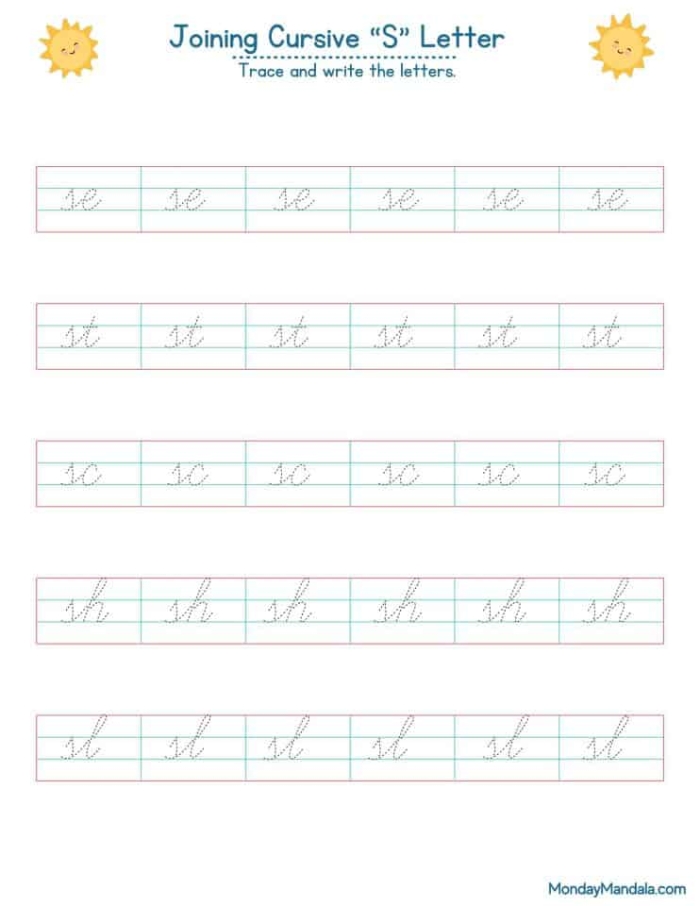 Cursive S worksheet for practicing letter formation in third grade Kids tracing and writing cursive capital and lowercase "S" on a third-grade worksheet