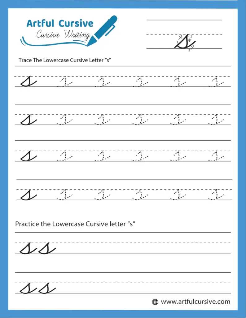 Third grade cursive writing practice sheet focusing on the letter S Cursive S worksheet for third graders featuring tracing and writing practice for capital and lowercase letters