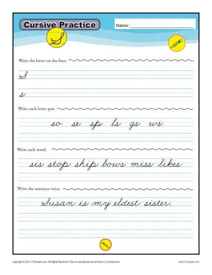 Third grade writing practice worksheet for cursive S letters, including tracing and independent writing sections Cursive S worksheet for third graders featuring tracing and writing practice for capital and lowercase S letters