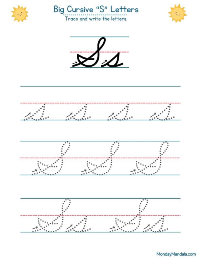 Cursive "S" writing practice worksheet for third graders Kids practicing cursive writing of capital and lowercase "S" on a third-grade worksheet