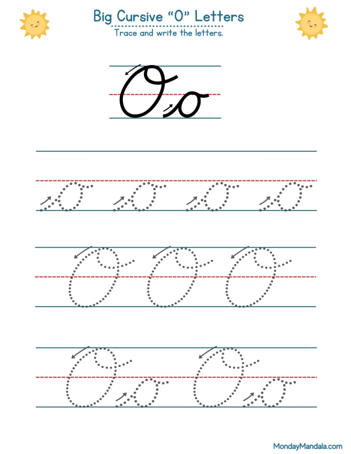 Cursive O practice sheet for third graders with engaging illustrations of Oliver's objects Cursive O worksheet featuring Oliver and his orange objects for practicing cursive writing
