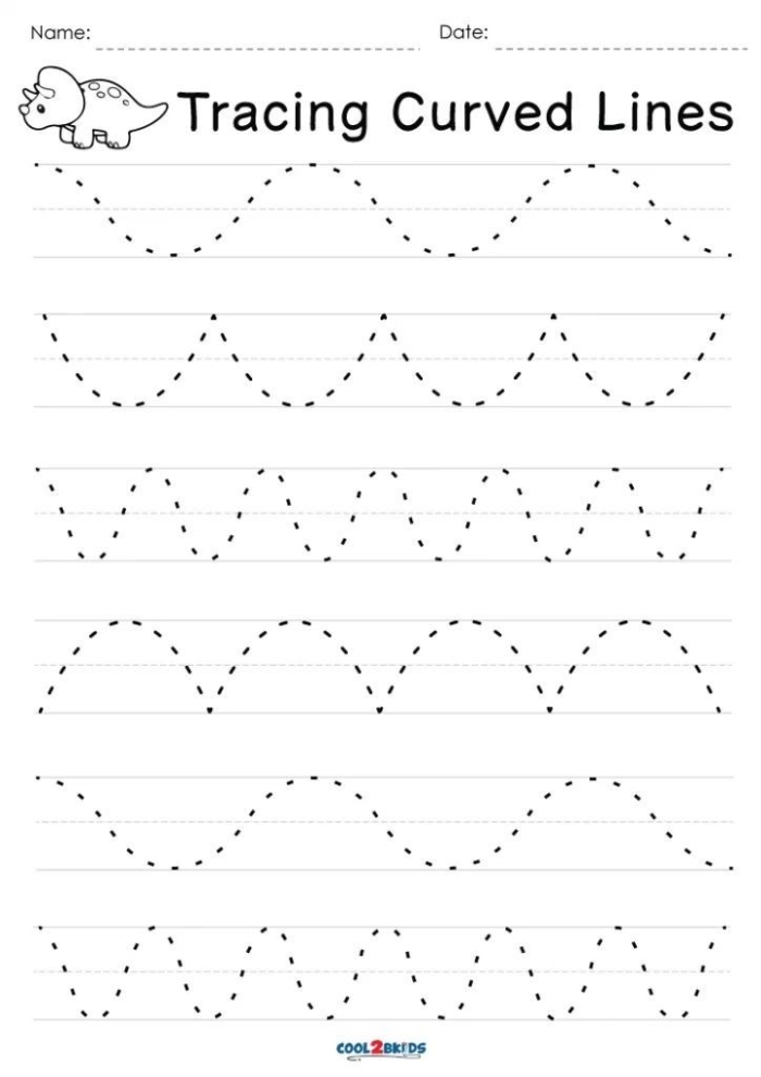 Pre-K worksheet with curved line tracing exercises to connect shapes to matching objects