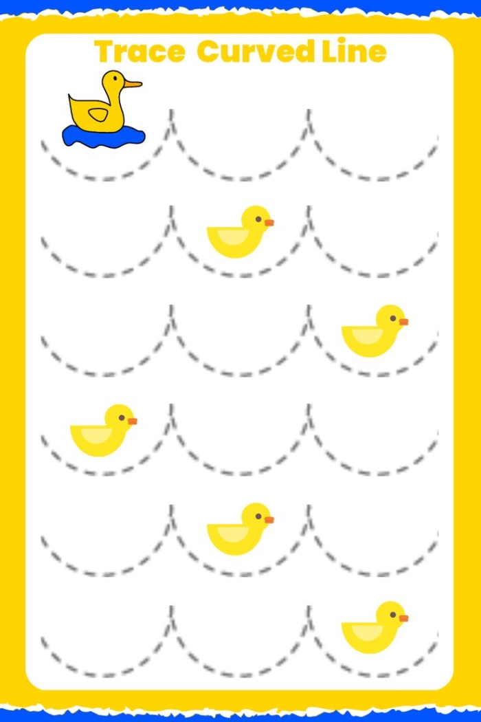 Pre-K worksheet with curved line tracing exercises to connect shapes to matching objects