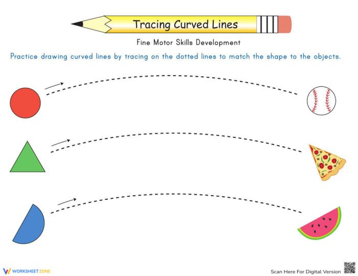 Pre-K worksheet with curved line tracing exercises to connect matching shapes and objects 07