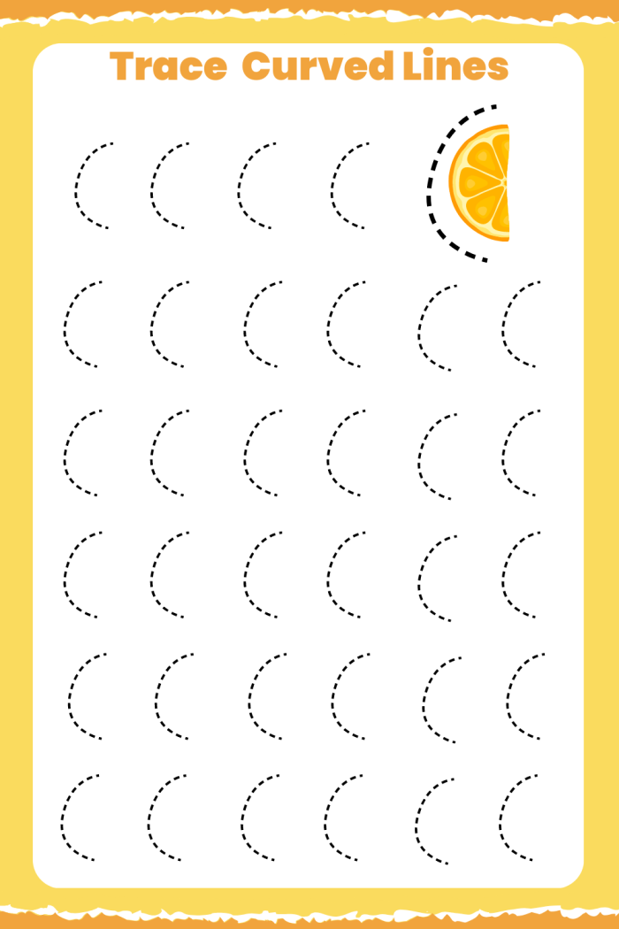 Preschool worksheet showing curved line tracing activities where children connect shapes to matching real-world objects with similar curved outlines