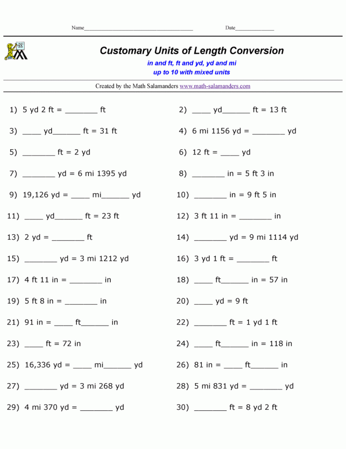 Fifth grade worksheet for practicing the conversion of customary units of length