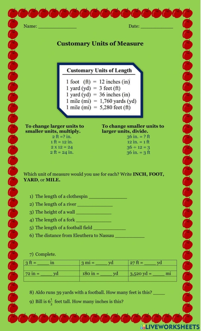 Fifth grade math worksheet focused on converting customary units of length through multiplication practice