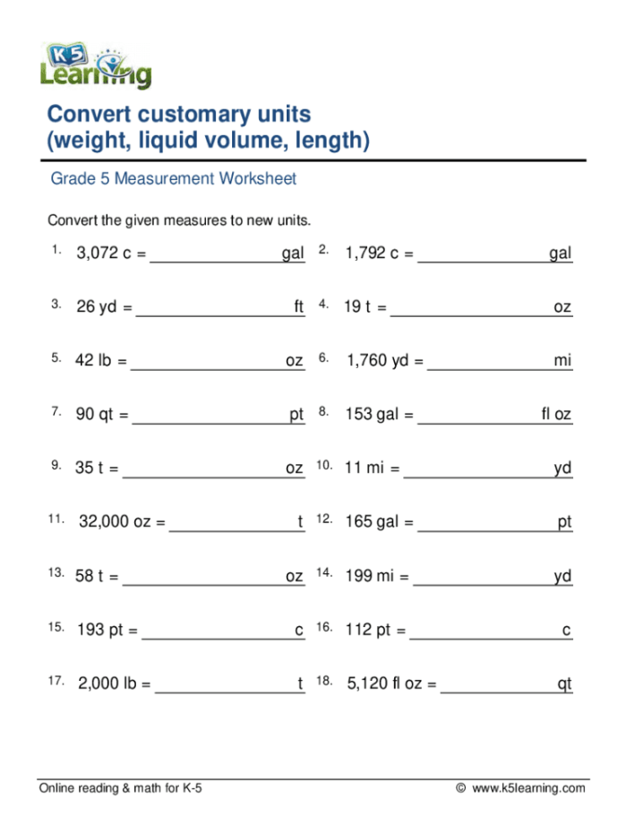 Fifth grade math worksheet focused on converting customary units of length weight and capacity