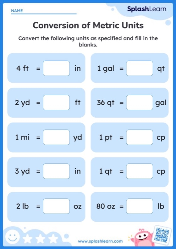 Customary units conversion worksheet for length, weight, and capacity for fifth graders