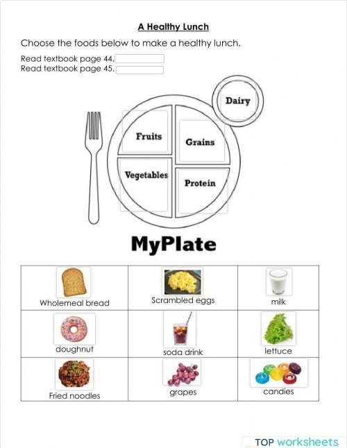 Preschool student practicing fine motor skills with a cut and paste healthy lunch worksheet