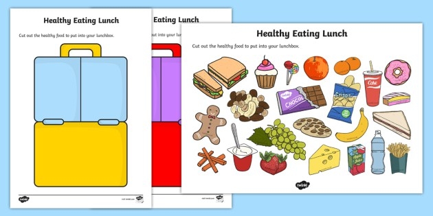 Colorful worksheet featuring a cut and paste activity for creating a healthy lunch