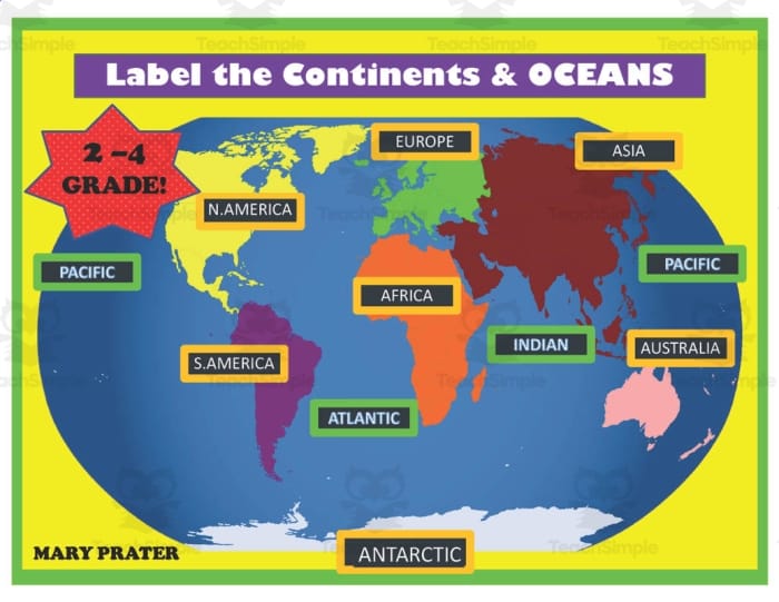 First grade geography worksheet featuring a cut-and-paste activity to label the seven continents