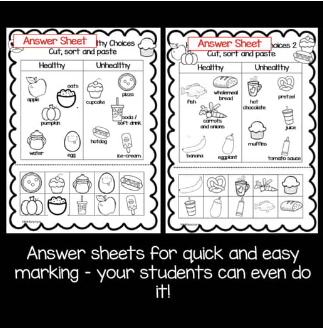 A preschool student uses safety scissors to assemble a paper cutout of a balanced meal for a healthy lunch lesson