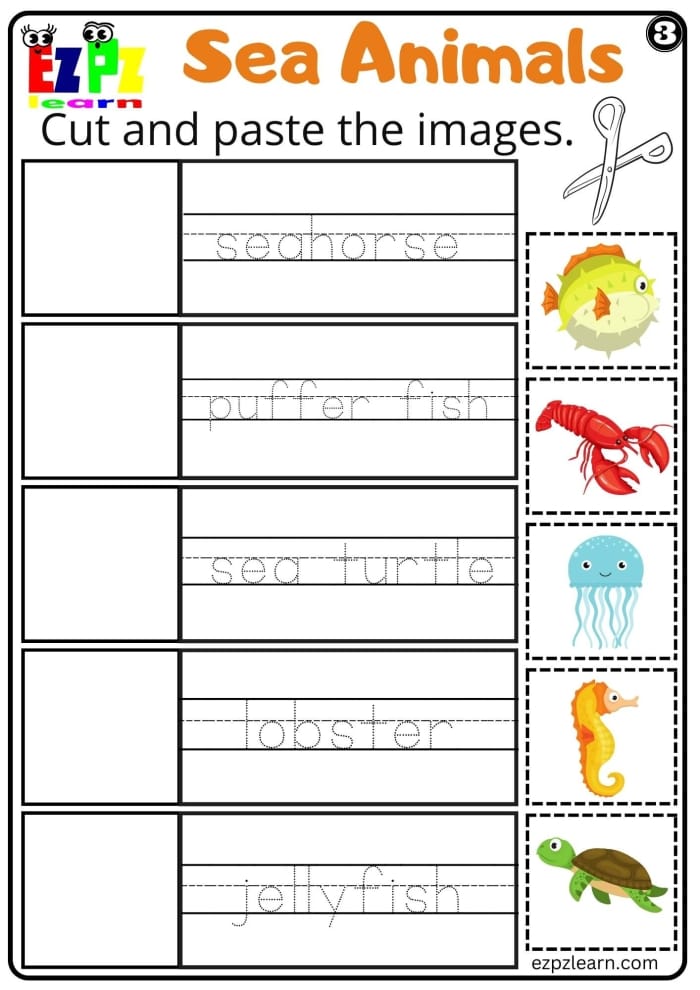Cut-and-Paste Ocean Worksheet Activity for Pre-K Science 25 Preschooler using scissors and glue to build a custom ocean habitat on a worksheet