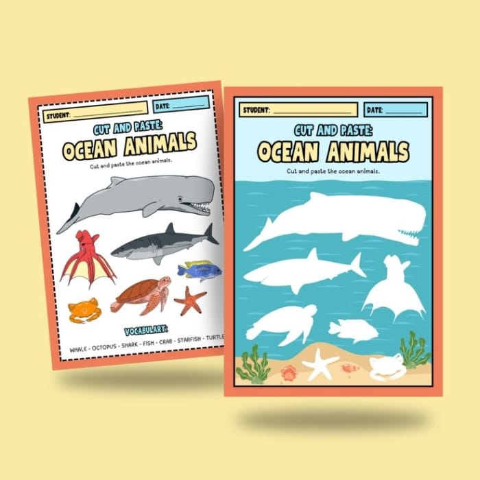 Create an Ocean Habitat Cut-and-Paste Worksheet for Pre-K Learners 14 A preschooler engaged in a craft activity using the Cut-and-Paste Ocean worksheet