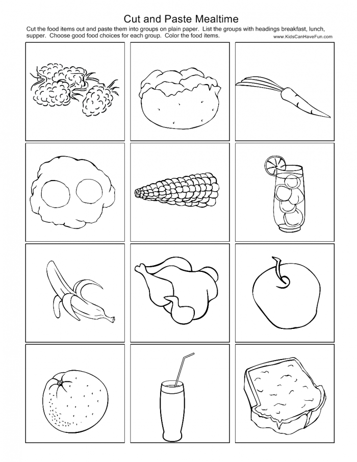 Colorful worksheet for preschoolers to cut and paste their ideal healthy lunch items
