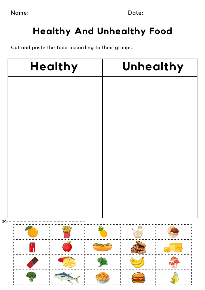 Preschool student working on a cut and paste a healthy lunch craft activity