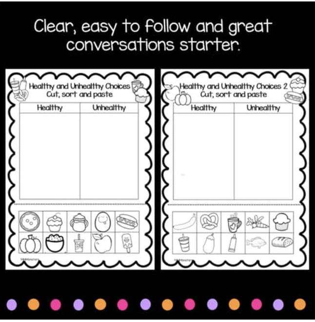 A young child practicing fine motor skills with a Cut and Paste a Healthy Lunch preschool worksheet