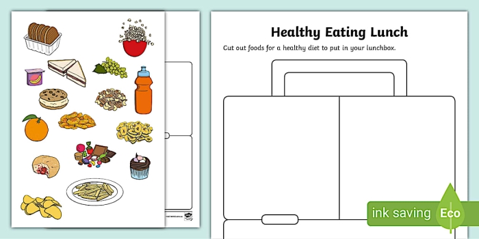 Worksheet featuring a fun cut and paste activity for creating a healthy lunch for preschoolers