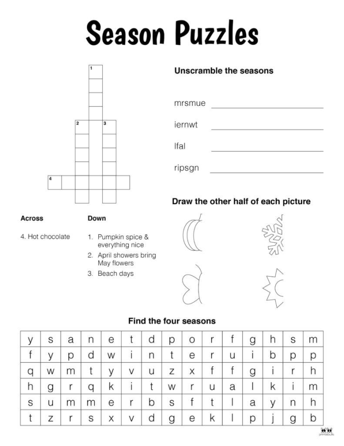Kindergarten student cutting and pasting seasonal shapes onto a four seasons matching worksheet
