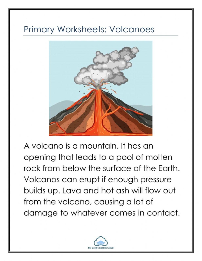 Cutaway diagram illustrating the process of a volcanic eruption for the All About Volcanoes worksheet