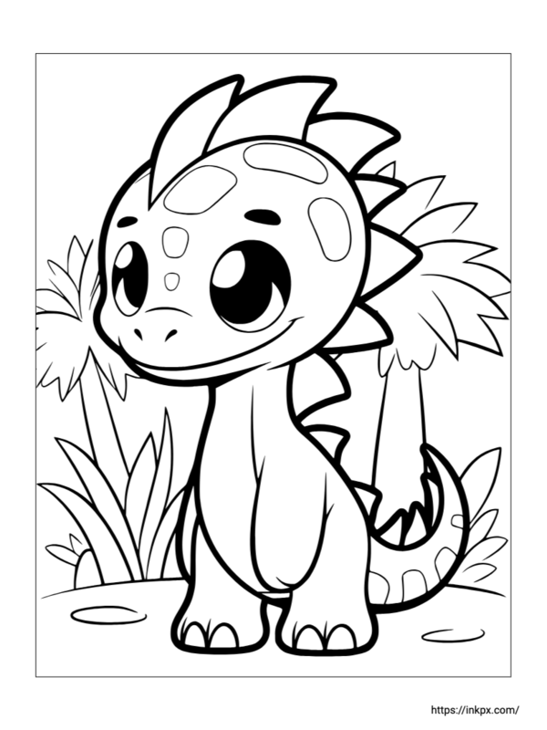 Grammar and Mechanics worksheet for Kindergarten Cute dinosaur enjoying a snack of leaves on a coloring worksheet for kindergarten. Adorable dinosaur coloring page for young learners focusing on grammar and mechanics.