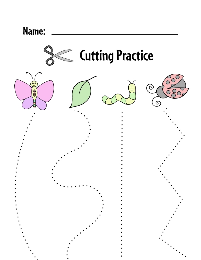 Kids' worksheet featuring cutting and coloring activities to create grass for bugs to hide in