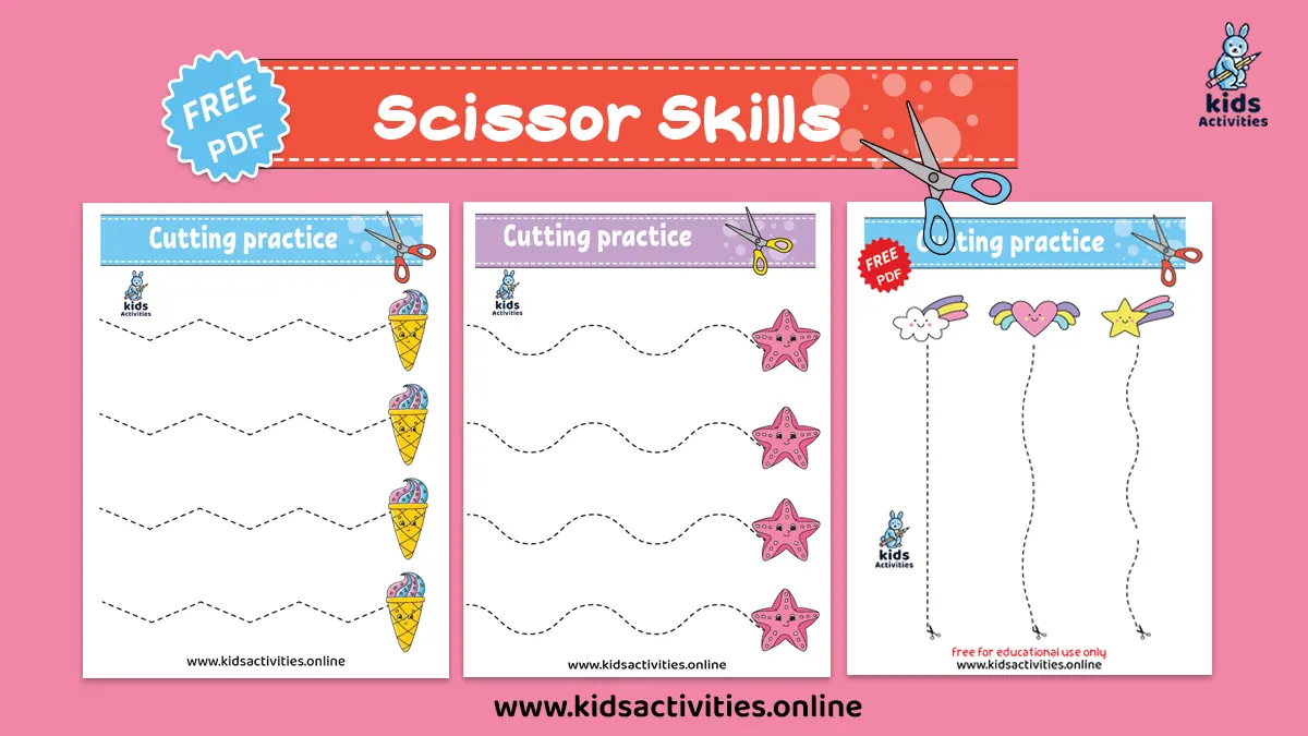 Kids practicing cutting and coloring skills on a grass-themed worksheet for bugs. Cutting Lines: What's in the Grass? Pre-K arts and crafts activity.