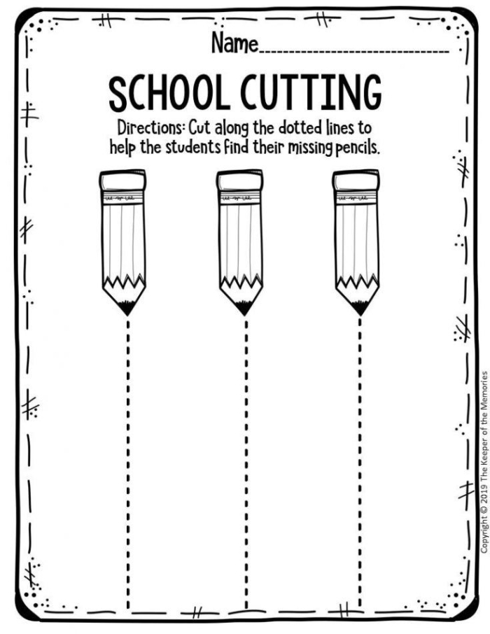 Kids practicing cutting and coloring to create grass for bugs in this Pre-K worksheet