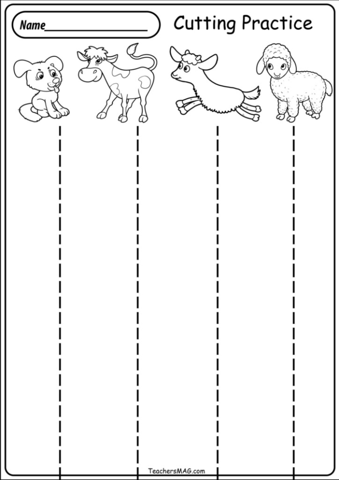 Kids engaging with the Cutting Lines: What's in the Grass? worksheet, practicing cutting and coloring skills. Pre-K arts and crafts activity featuring grass for bugs to hide in.