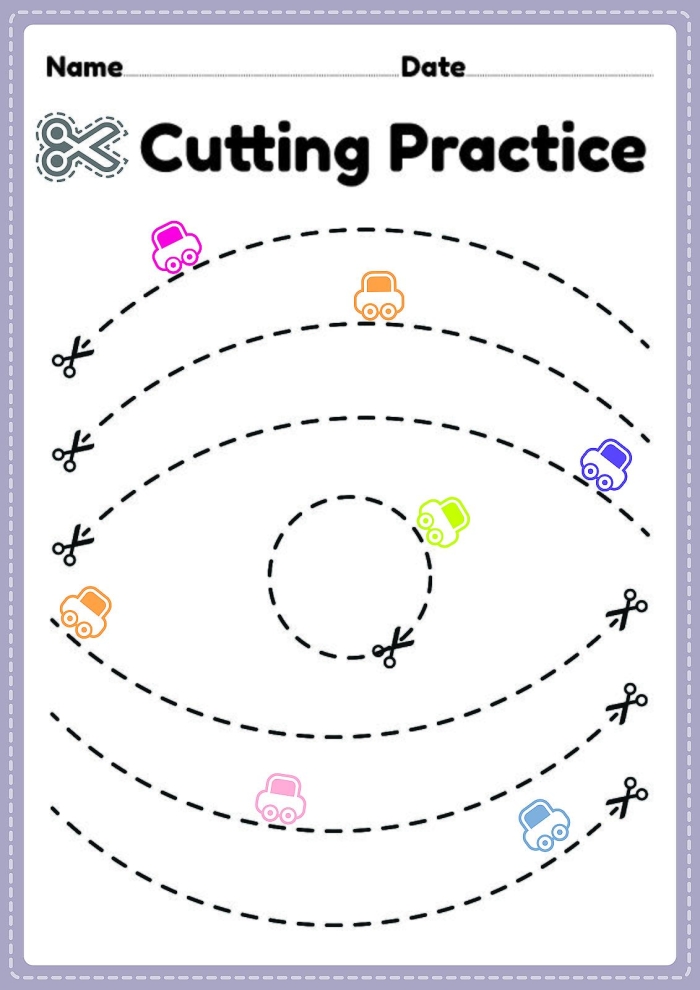 Engaging airplane worksheet for pre-K cutting skills development. Colorful airplane cutting practice worksheet for preschoolers learning to cut.