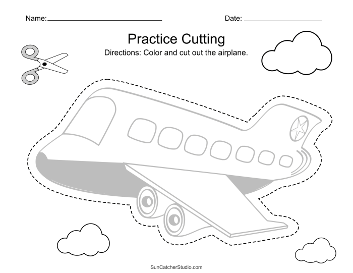 Engaging airplane cutting activity for preschoolers to enhance fine motor skills Cutting practice worksheet featuring a colorful airplane flying in the sky